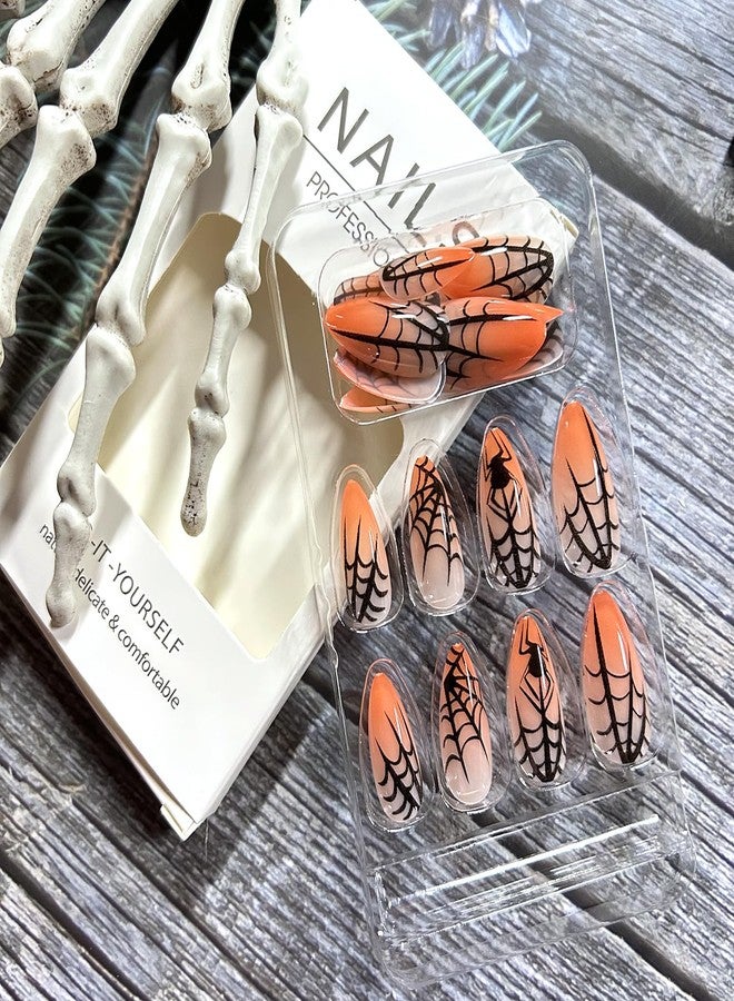 TBRZTR Hallowen Press on Nails Medium Almond Spider Web False Nail Full Cover Glossy Acrylic Artificial Fingernails Spider Pattern Halloween Nail Orange Gradient Press Ons Festival Stick on Nails for Women - Image 4